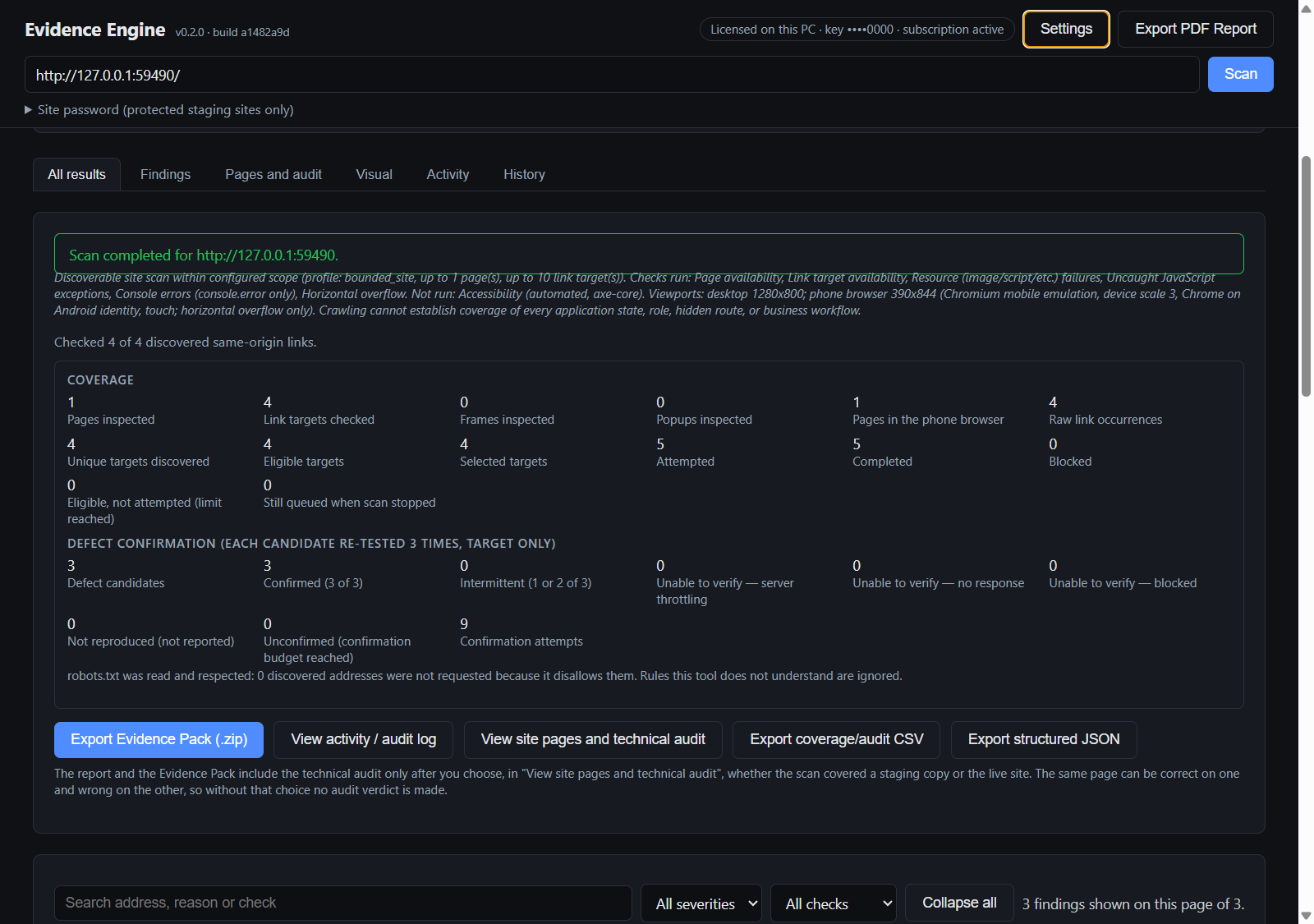 The results workspace after a scan of a test site: the address bar with Scan and Settings, the coverage counts, and the findings list with search and filters